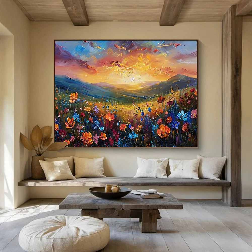 Sunset Hand-painted Flower Valley Flowers Canvas Wall Art 92RRX